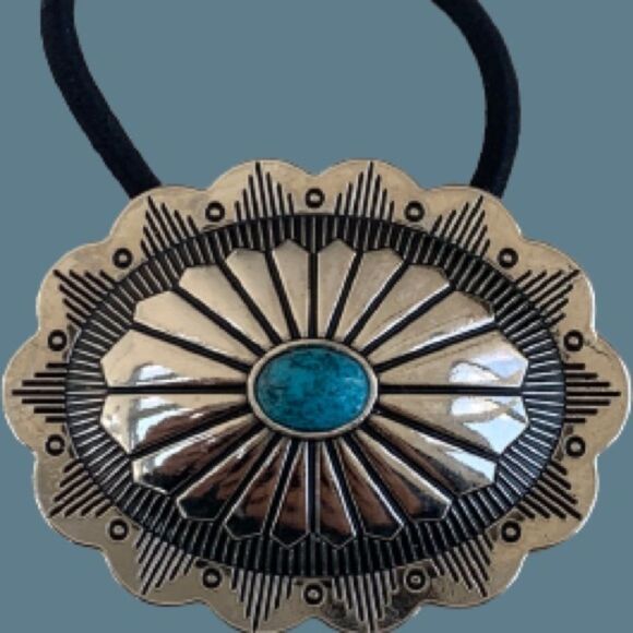 Western Cowgirl Concho Hair Tie, Silver & Faux Turquoise, Native American Style - Picture 1 of 10